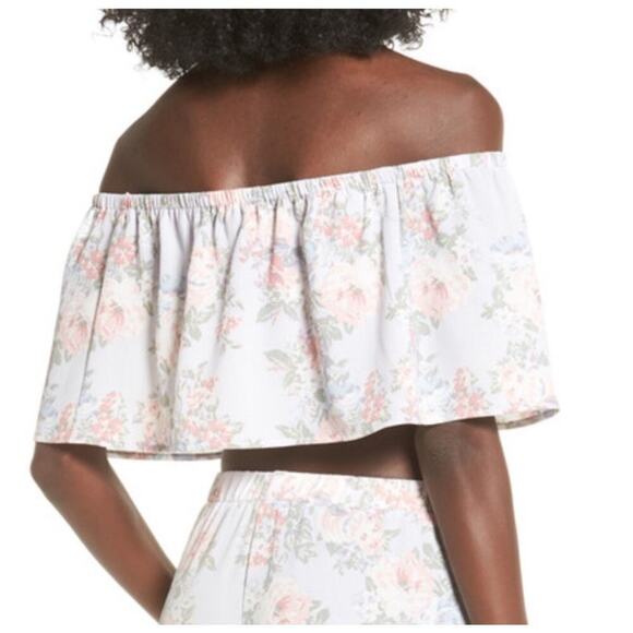 WAYF Off the Shoulder Crop Top Blue Floral Size Medium Boho Cottage Prairie USA - Picture 1 of 5